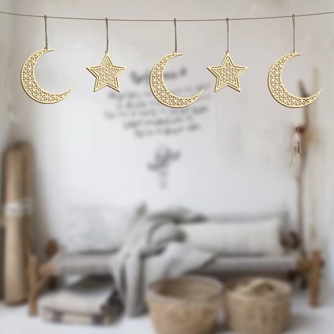 Eid Mubarak wooden wall hanging, crescent moon Ramadan Eid decoration