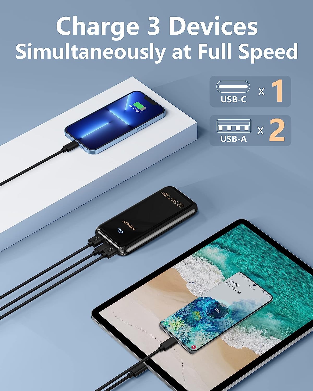 PISEN 10000mAh USB C Power Bank 22.5W