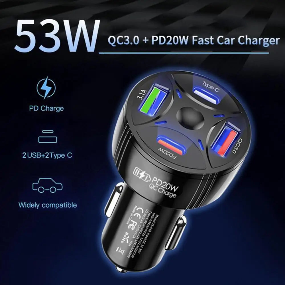 Car Adapter Fast Charger Station Multi Port Type-C x 2 + USB x 3 12V Universal