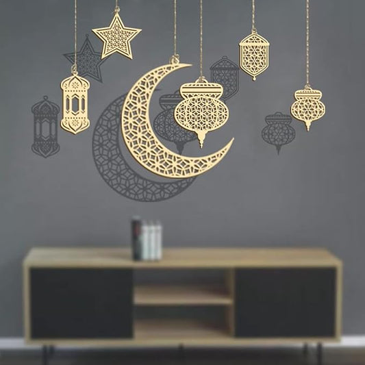 Eid Mubarak wooden wall hanging, crescent moon Ramadan Eid decoration